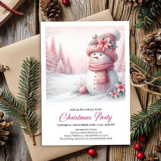 Cozy Pink Snowman Kids Editable Digital Christmas  招待状