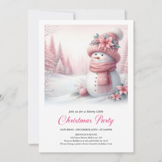 Cozy Pink Snowman Kids Editable Digital Christmas 招待状 (正面)