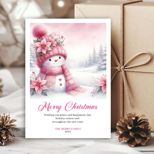 Cozy Pink Snowman Printable Christmas Scene Cards シーズンカード