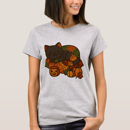 Cozy Plaid Cat Nap T-Shirt | かわいい秋 Tシャツ (正面)