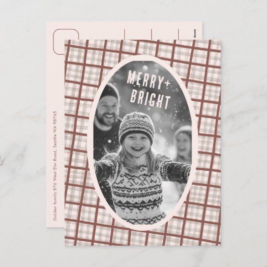 Cozy Plaid Gingham Christmas Custom Photo Collage シーズンポストカード (正面/裏面)