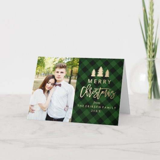 Cozy Plaid Holiday Photo Greeting Card in Green シーズンカード (正面)