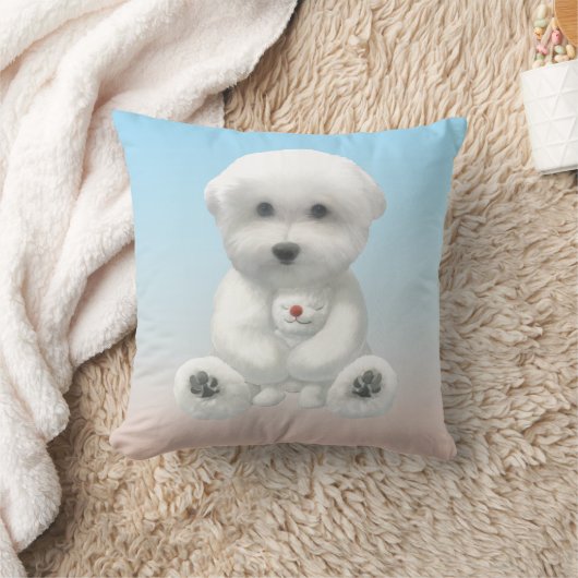 Cozy Plush Moment: Smiling Bichon Hugging Mini Pup クッション (ブランケット)