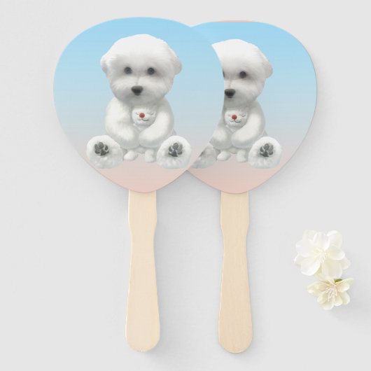 Cozy Plush Moment: Smiling Bichon Hugging Mini Pup ハンドファン (正面&裏面)