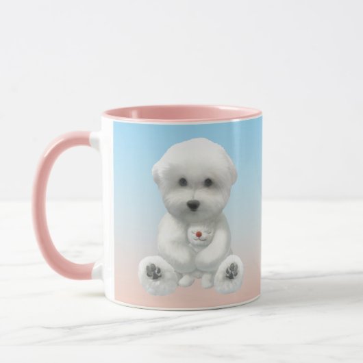 Cozy Plush Moment: Smiling Bichon Hugging Mini Pup マグカップ (左)