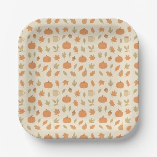 Cozy Pumpkin Spice Autumn Seamless Pattern ペーパープレート (正面)