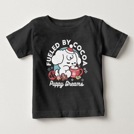 Cozy Puppy Dreams – Hot Chocolate and Christmas ベビーTシャツ (正面)