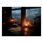 Cozy Rainy Window Candle Glow Scene ポスター (正面)