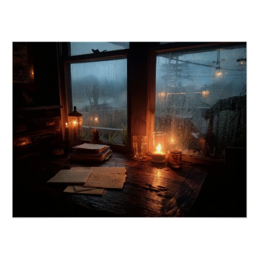 Cozy Rainy Window Candle Glow Scene ポスター (正面)