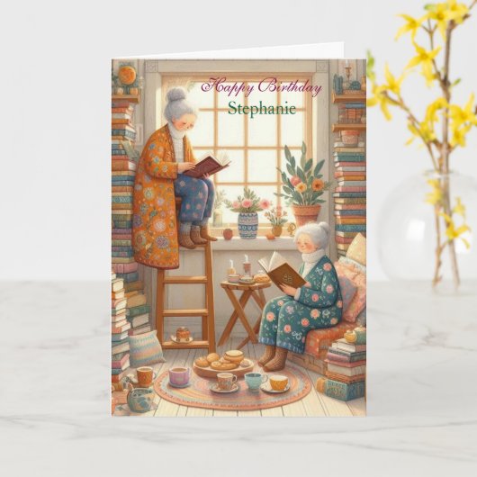 Cozy Reading Birthday Card for Book Lovers カード (黄色い花)