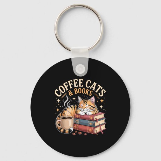 Cozy Reading Cat Coffee And Books Lover Artwork  キーホルダー (正面)