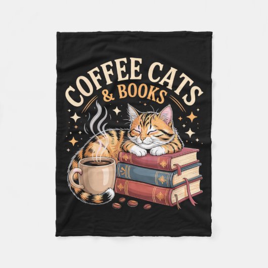 Cozy Reading Cat Coffee And Books Lover Artwork  フリースブランケット (正面)