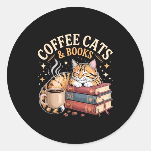 Cozy Reading Cat Coffee And Books Lover Artwork  ラウンドシール (正面)