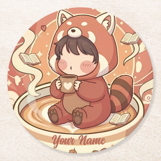 Cozy Red Panda Brew Absorbent Coaster Set ラウンドペーパーコースター (正面)