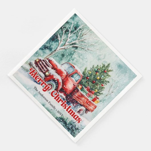 Cozy red truck Christmas scene rustic party napkin (コーナー)
