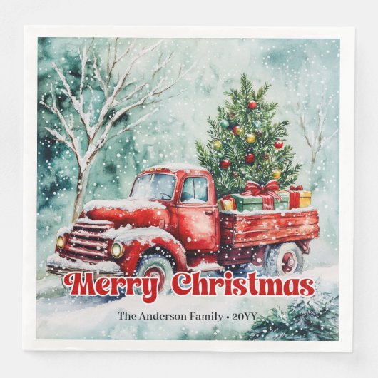 Cozy red truck Christmas scene rustic party napkin (正面)