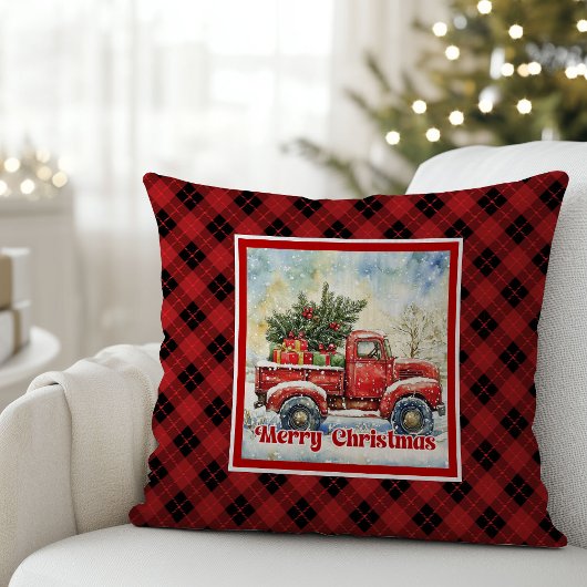 Cozy red truck holiday scene rustic red black クッション
