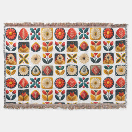 Cozy Retro Folk Floral Design スローブランケット