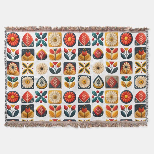 Cozy Retro Folk Floral Design スローブランケット (正面)