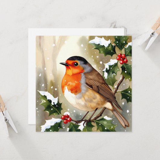 Cozy Robin Christmas Watercolor Illustration カード (正面/裏面インサイチュ)
