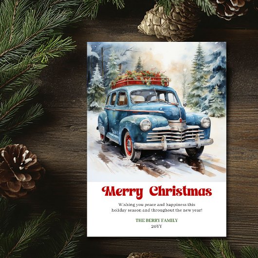 Cozy rustic Christmas scene old fashioned car シーズンカード
