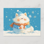 Cozy Samoyed Dog with Mini Snowman シーズンポストカード (正面)