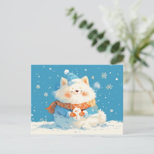 Cozy Samoyed Dog with Mini Snowman シーズンポストカード (スタンド正面)