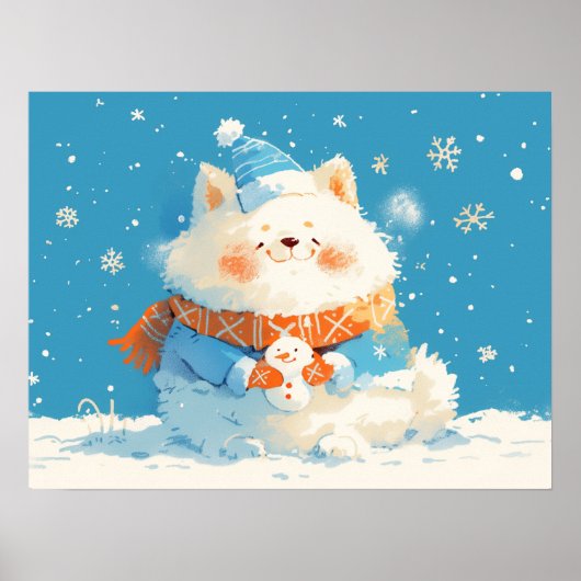 Cozy Samoyed Dog with Mini Snowman ポスター (正面)