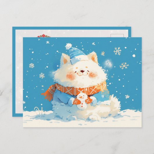 Cozy Samoyed Dog with Mini Snowman ポストカード (正面/裏面)