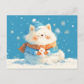 Cozy Samoyed Dog with Mini Snowman ポストカード (正面)