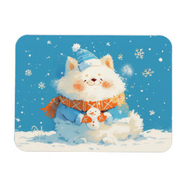 Cozy Samoyed Dog with Mini Snowman マグネット