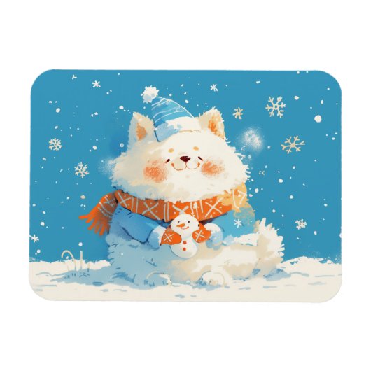 Cozy Samoyed Dog with Mini Snowman マグネット (横)