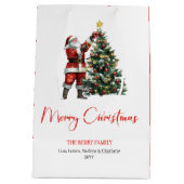 Cozy Santa Claus Red Green Holiday Gift Bag Design ミディアムペーパーバッグ (裏面)