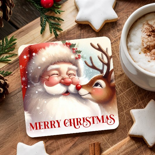 Cozy Santa Claus Rudolph Holiday Drink Coasters スクエアペーパーコースター