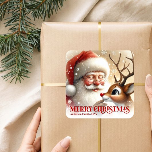Cozy Santa Rudolph Personalized Christmas Kids Gif スクエアシール
