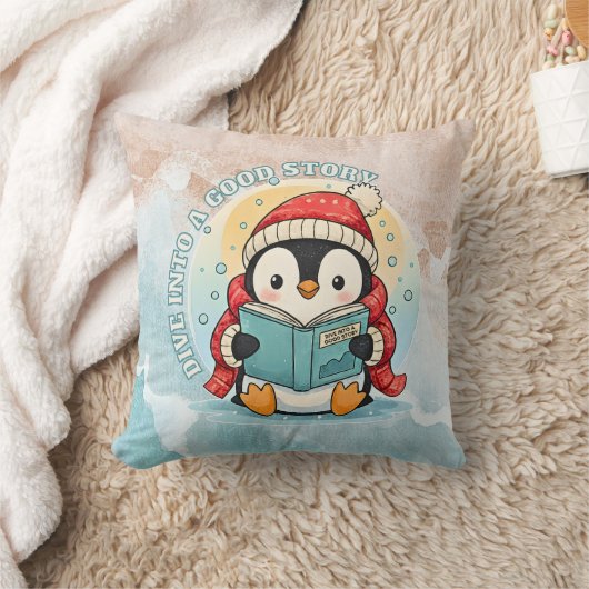 Cozy Scholar Penguin Reading Book Throw Pillow クッション (ブランケット)
