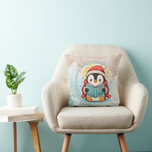 Cozy Scholar Penguin Reading Book Throw Pillow クッション (椅子)