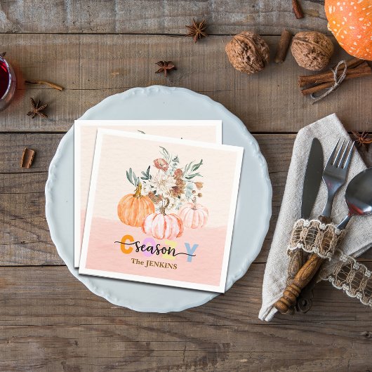 Cozy Season Harvest Blooms Personalize Name スタンダードカクテルナプキン