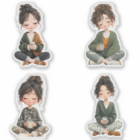 Cozy Sitting Chibi Girl Coffee Sticker Sheet シール (正面)