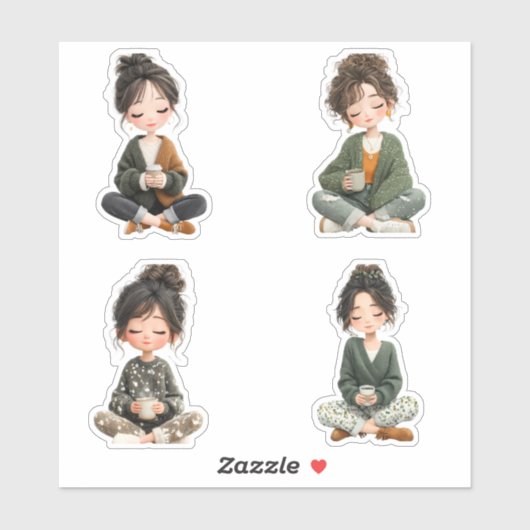 Cozy Sitting Chibi Girl Coffee Sticker Sheet シール (シート)