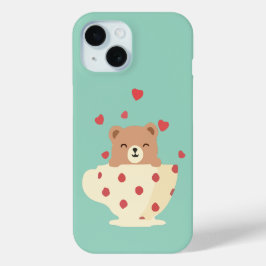 Cozy Smiling Teddy Bear in Polka Dot Teacup iPhone 15ケース