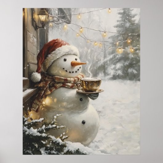 Cozy Snowman with Coffee Christmas Wall Art  ポスター (正面)