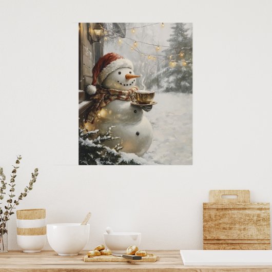 Cozy Snowman with Coffee Christmas Wall Art  ポスター (キッチン)