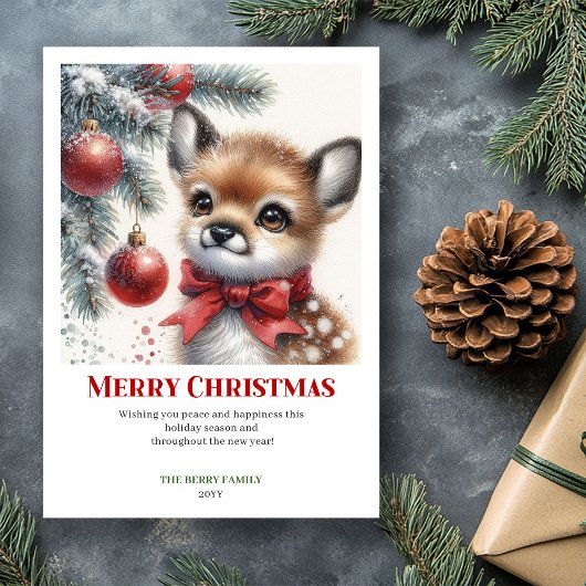 Cozy Snowy Forest Fawn Watercolor Christmas Card  シーズンカード