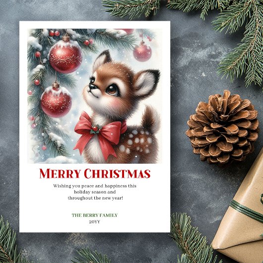Cozy Snowy Forest Fawn Watercolor Xmas Card  シーズンカード