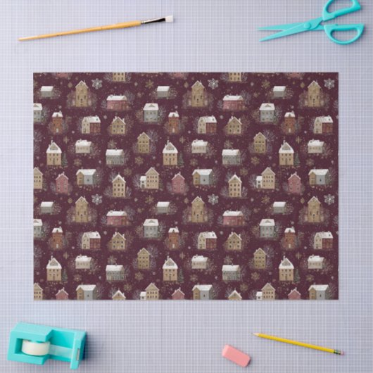 Cozy Snowy Winter Village Pattern (2) 薄葉紙 (クラフト)
