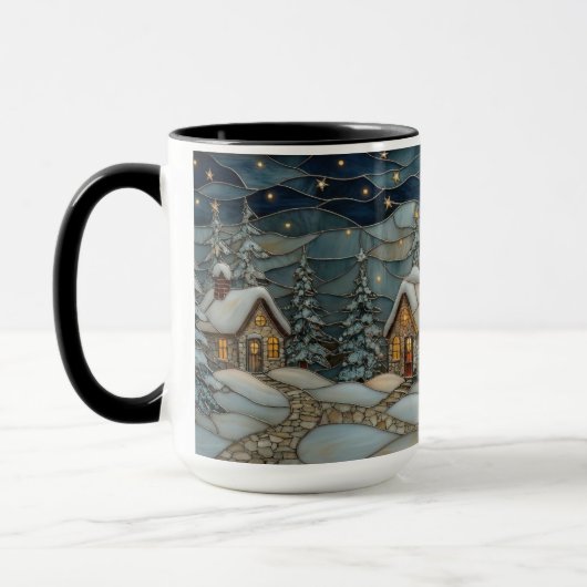 Cozy Stained Glass Snowy Village Holiday Mug マグカップ (左)