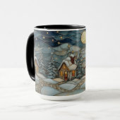 Cozy Stained Glass Snowy Village Holiday Mug マグカップ (正面左)