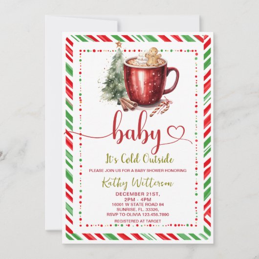Cozy Stripe Red Mug Christmas Baby Shower  招待状 (正面)