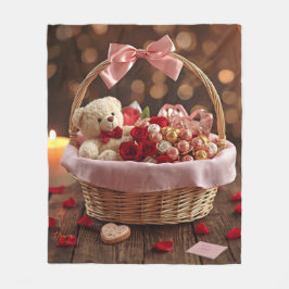 Cozy Teddy Rose Basket Romantic Valentine フリースブランケット
